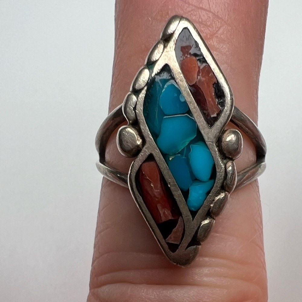 Turquoise & Coral Sterling Silver 925 Ring, Size 4.5